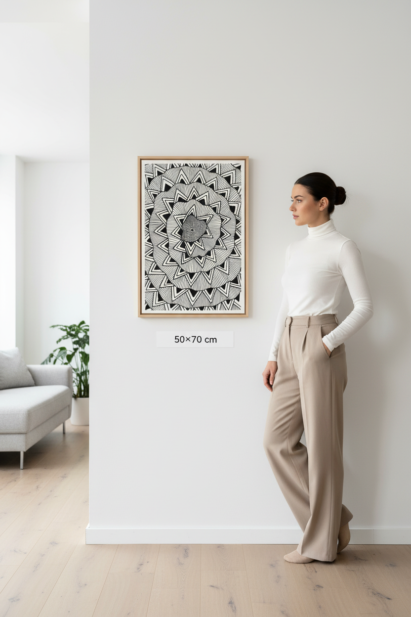 Geometric string art diamond canvas print mockup 50x70 cm size reference with model, black and white mandala zentangle wall art