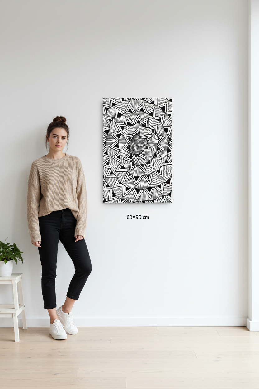 Geometric string art diamond canvas print mockup 60x90 cm size reference with model, black and white mandala zentangle wall art