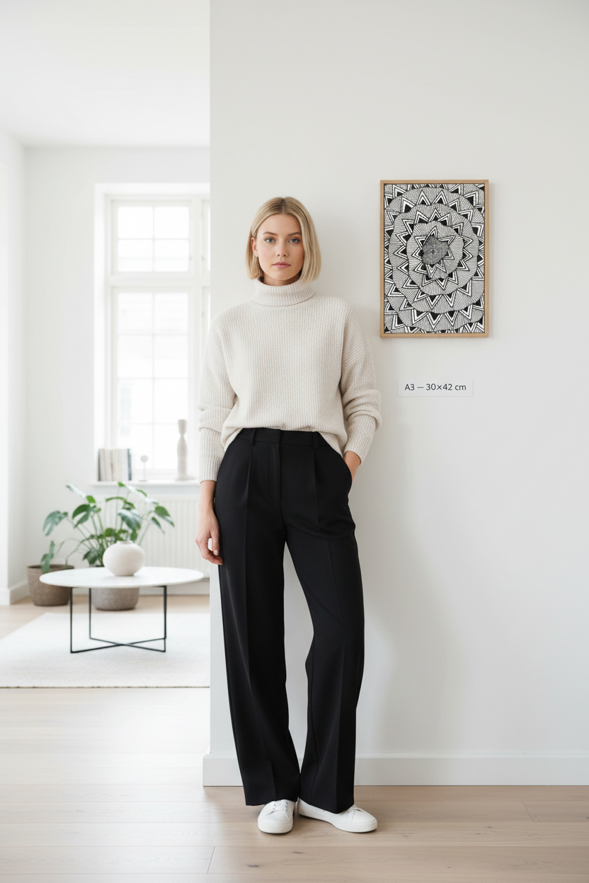 Geometric string art diamond canvas print mockup A3 30x42 cm size reference with model, black and white mandala zentangle wall art