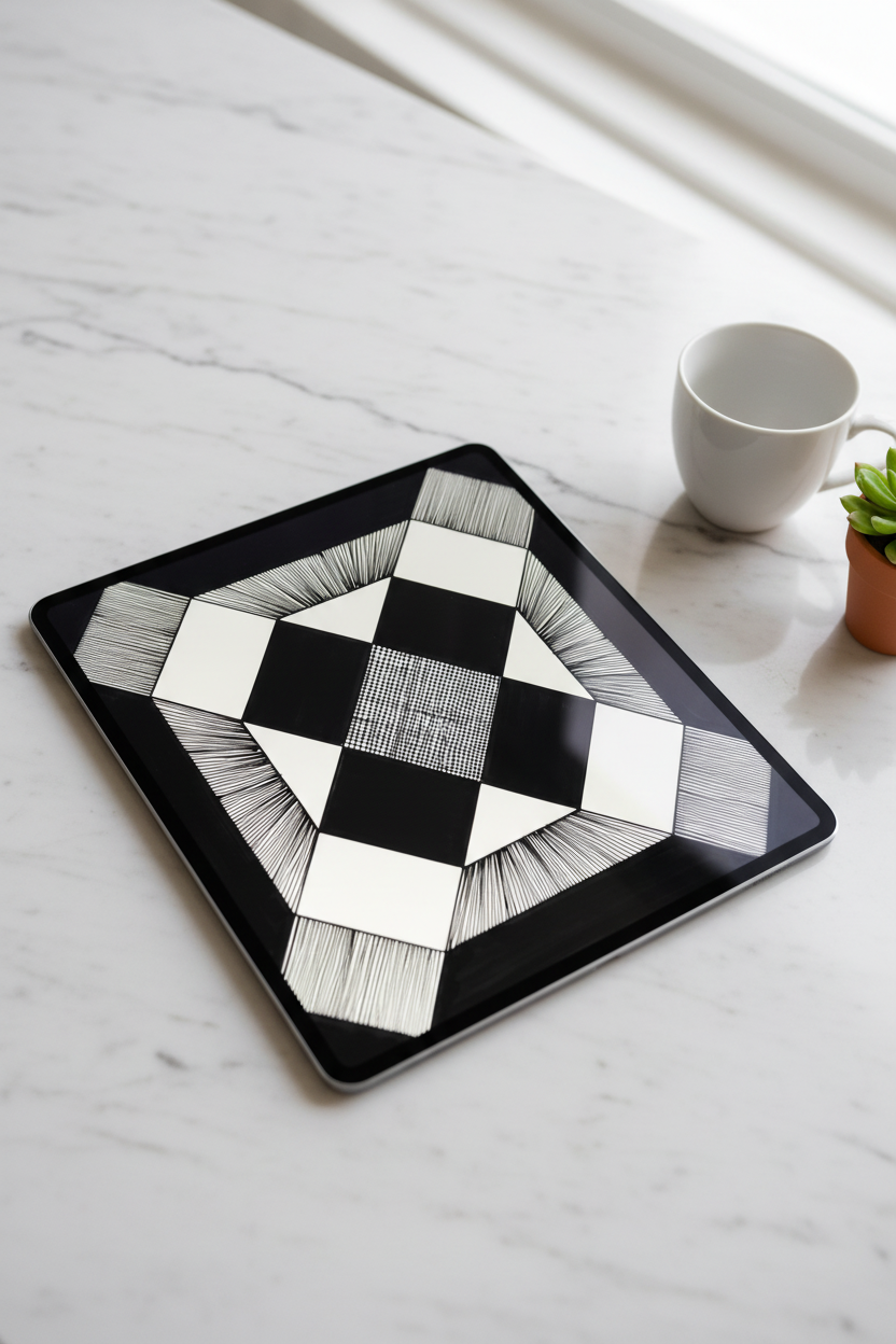 Geometric string art pattern digital download preview on iPad screen, black and white diamond grid printable wall art