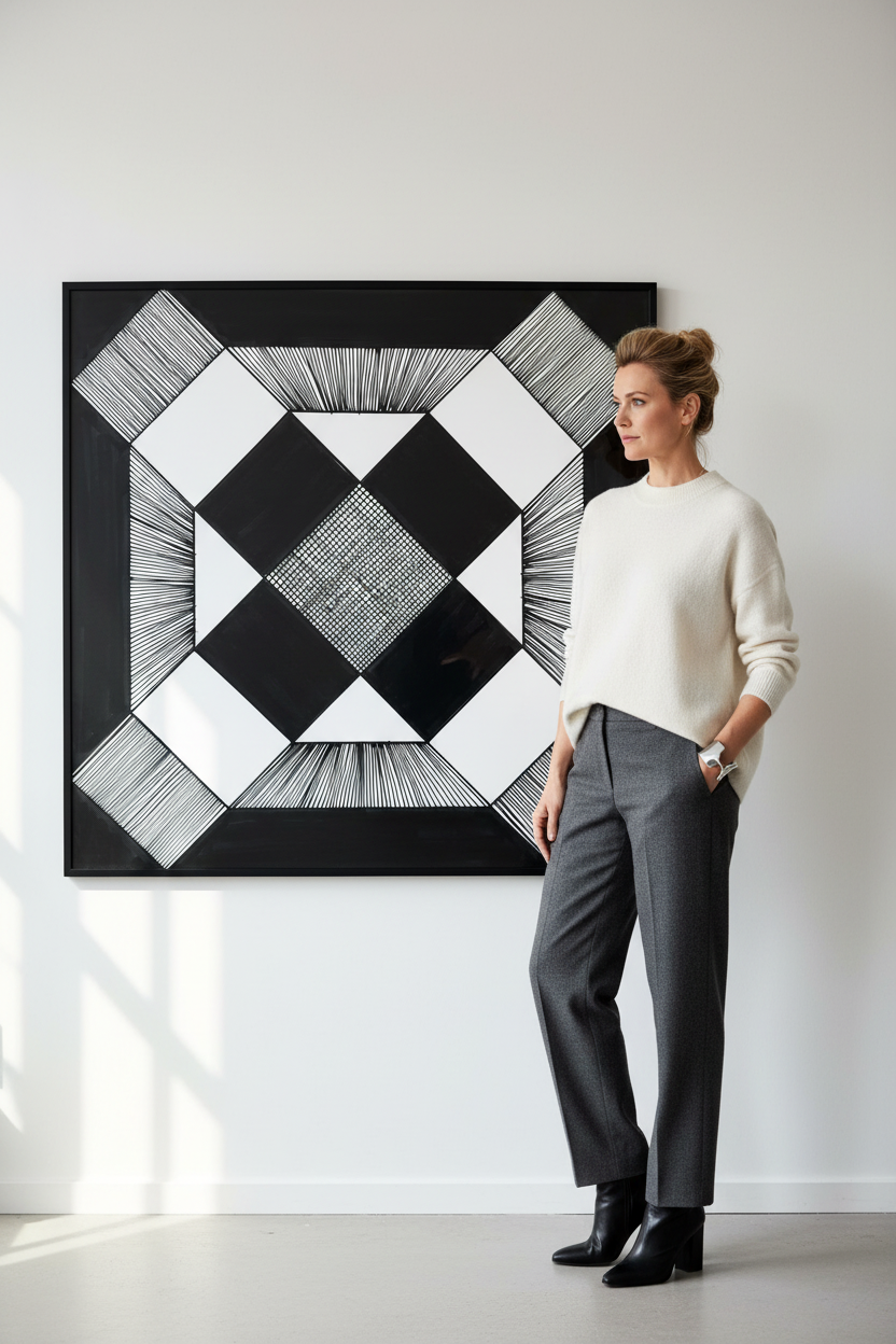 Geometric string art pattern digital download wall mockup with model, black and white diamond grid printable wall art
