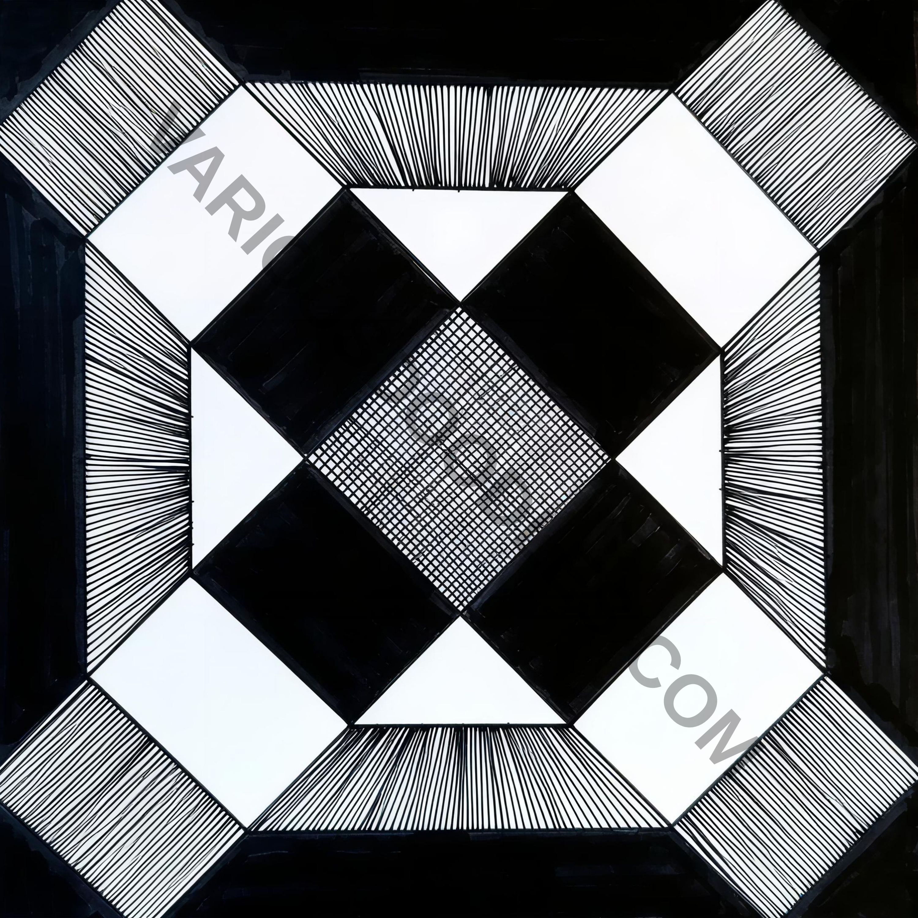Black and white geometric string art pattern with diamond grid and radiating line texture – printable wall art