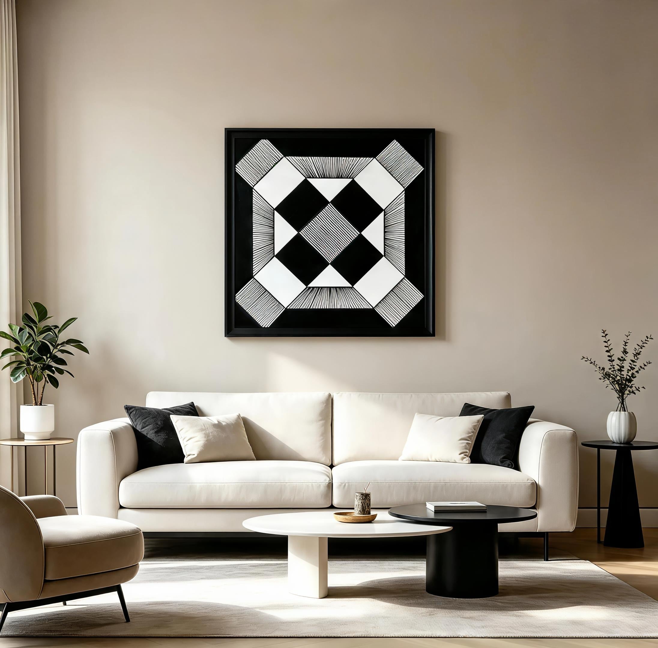 Black and white geometric string art print in black frame displayed in minimalist neutral living room above white sofa