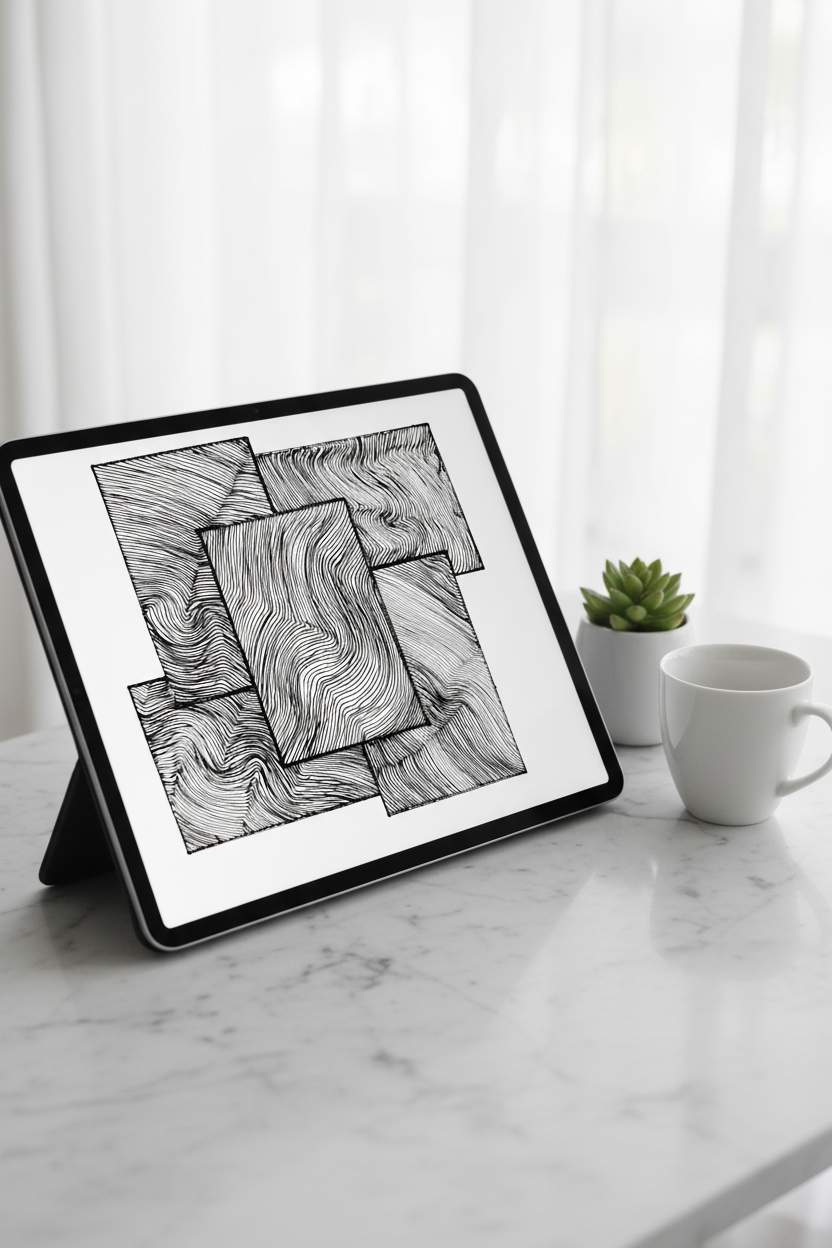 Layered rectangles wave art print digital download preview on iPad screen, black and white abstract wavy line drawing printable wall decor