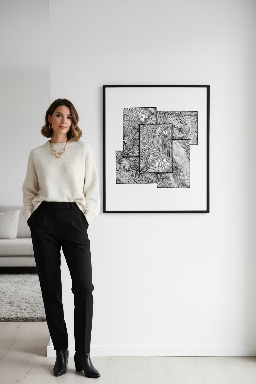 Layered rectangles wave art print digital download wall mockup with model, black and white abstract wavy line drawing printable wall decor