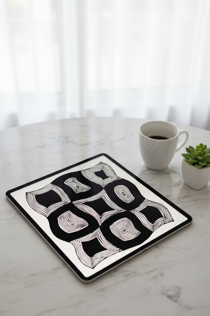 Nine squares geometric doodle art print digital download preview on iPad screen, black and white organic pattern printable wall art