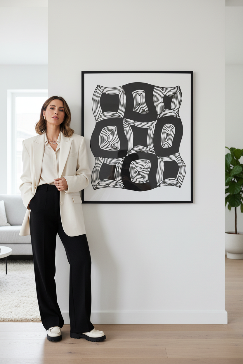 Nine squares geometric doodle art print digital download wall mockup with model, black and white organic pattern printable wall art