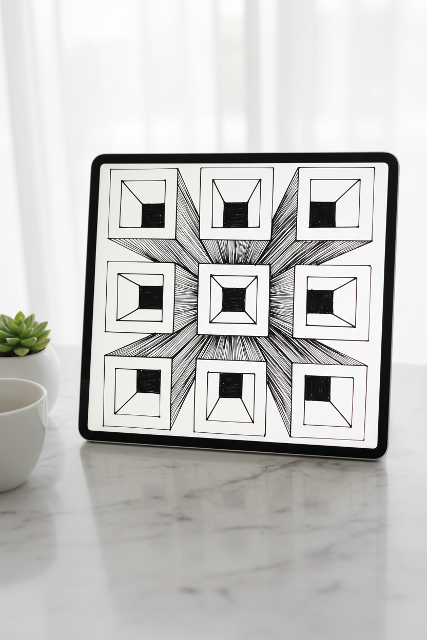 Optical illusion wall art print digital download preview on iPad screen, black and white 3D geometric cube grid printable wall decor