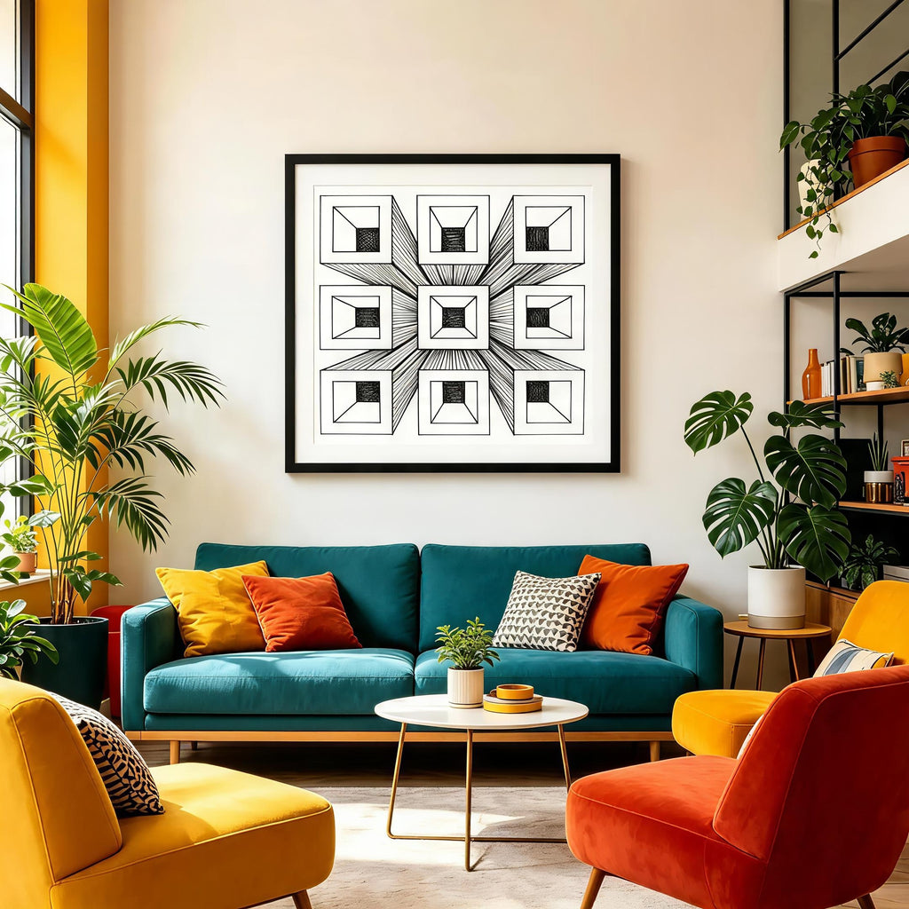 Optical illusion geometric cube art print displayed in colorful bohemian living room above teal sofa