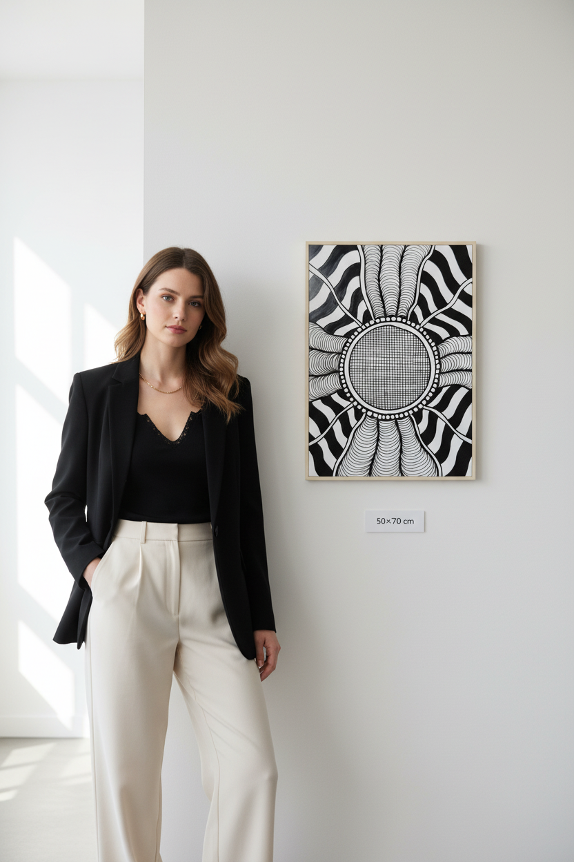 Optical illusion zentangle canvas print mockup 50x70 cm size reference with model, black and white geometric wall art