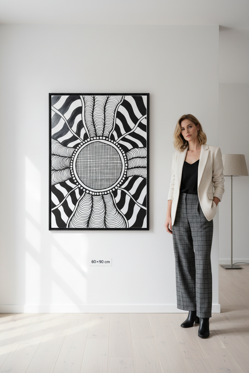 Optical illusion zentangle canvas print mockup 60x90 cm size reference with model, black and white geometric wall art