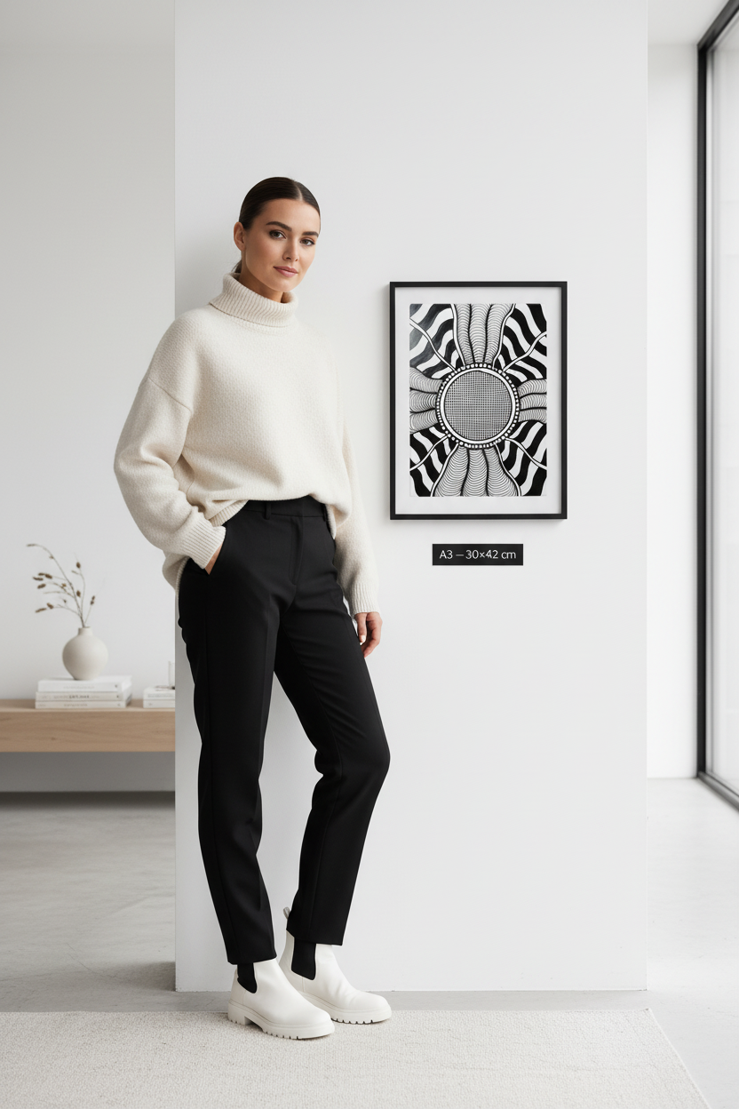 Optical illusion zentangle canvas print mockup A3 30x42 cm size reference with model, black and white geometric wall art