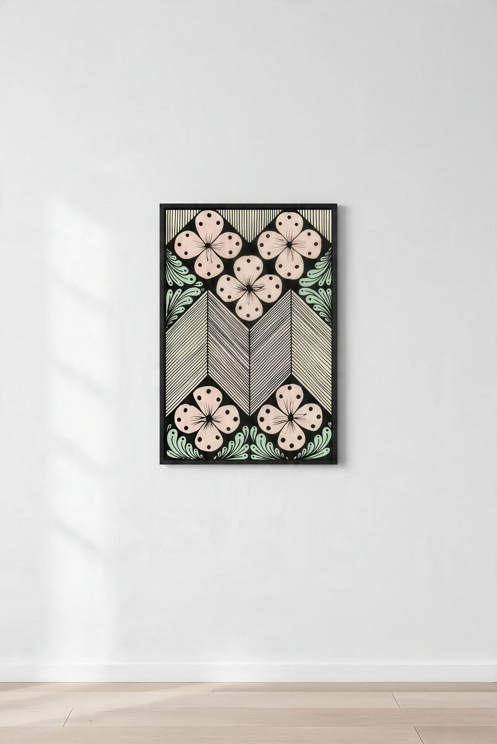 Pastel floral chevron zentangle art print in black frame closeup, blush pink mint geometric printable poster