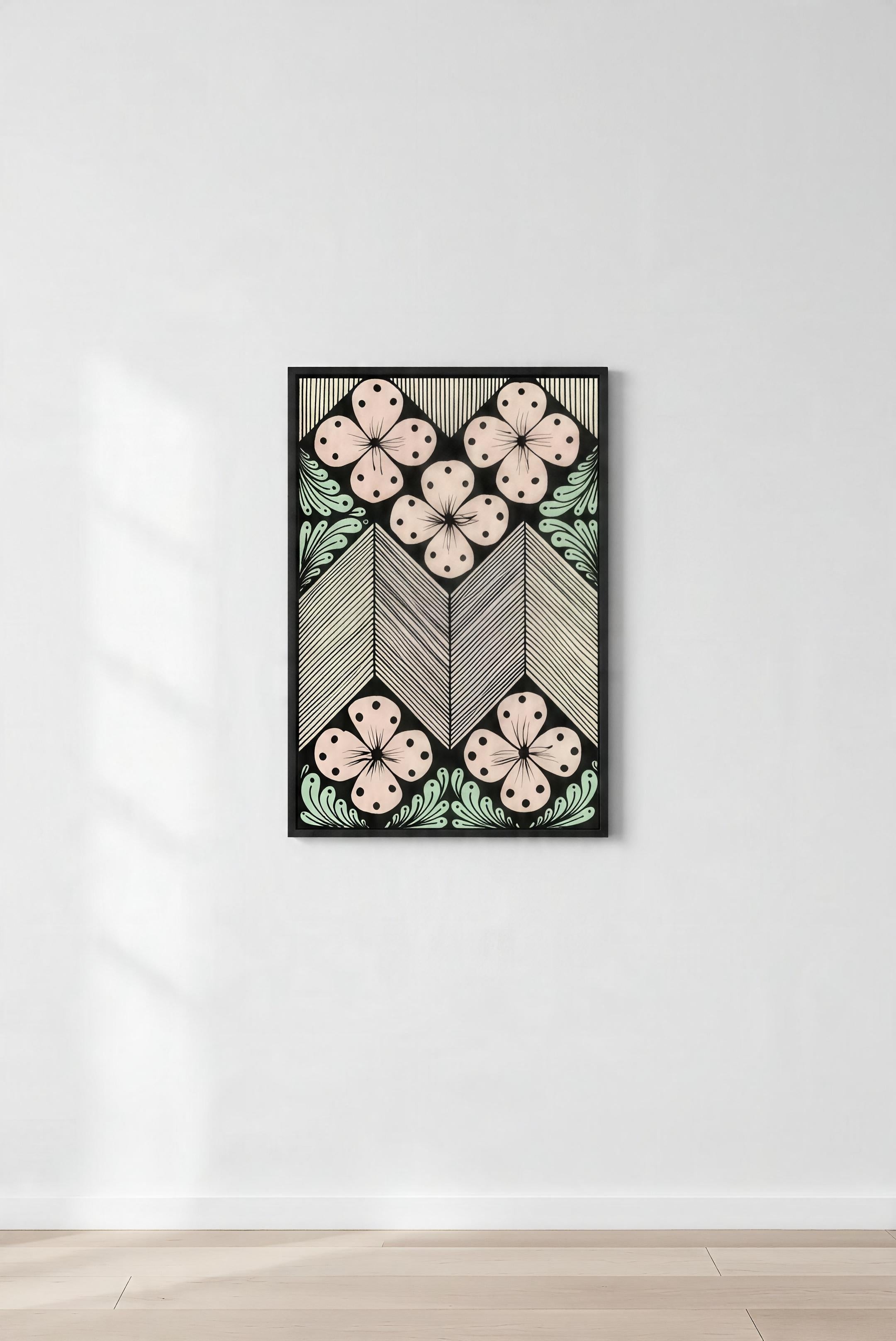 Pastel floral chevron zentangle art print in black frame closeup, blush pink mint geometric printable poster
