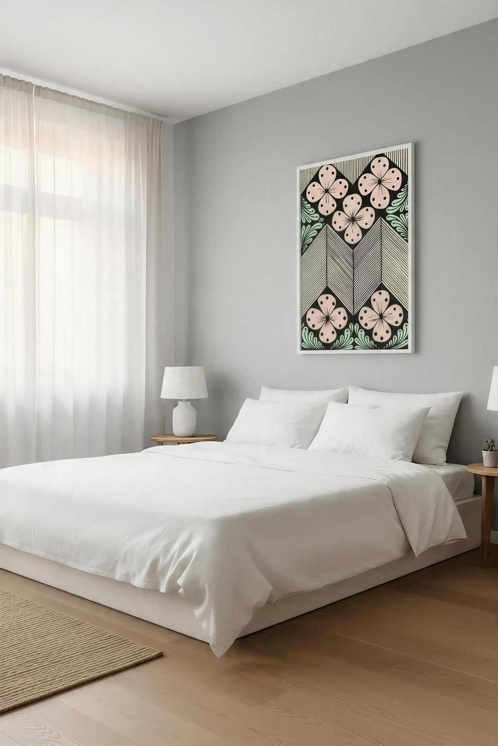 Pastel floral chevron zentangle art print in white frame on grey wall, printable boho wall decor