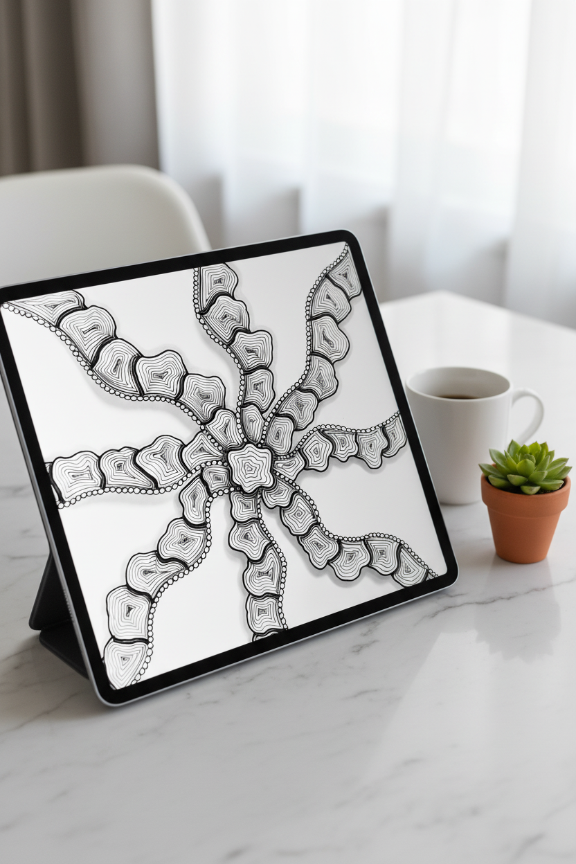 Pinwheel zentangle art print digital download preview on iPad screen, black and white geometric rotating pattern printable wall decor