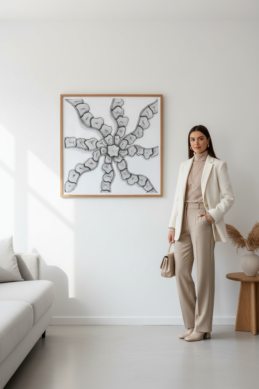 Pinwheel zentangle art print digital download wall mockup with model, black and white geometric rotating pattern printable wall decor