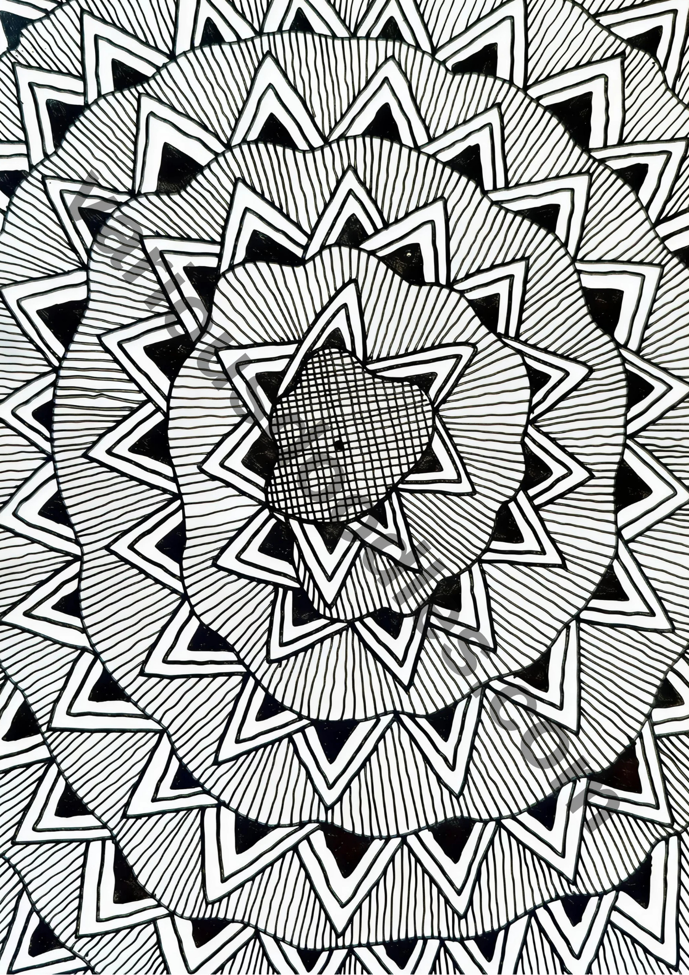 Rotating Star Mandala Zentangle Art Print — Black & White