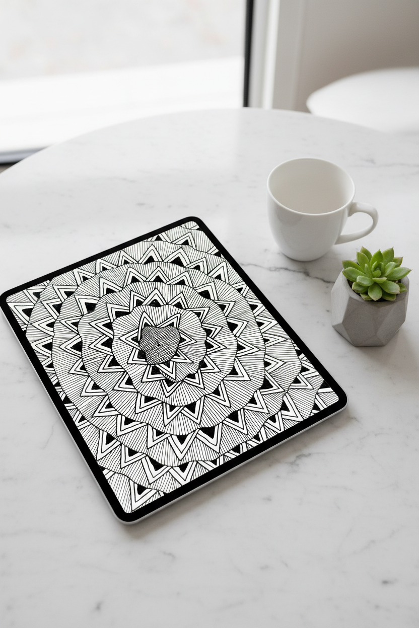 Rotating star mandala zentangle art print digital download preview on iPad screen, black and white geometric printable wall decor
