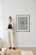 Rotating star mandala zentangle art print digital download wall mockup with model, black and white geometric printable wall decor