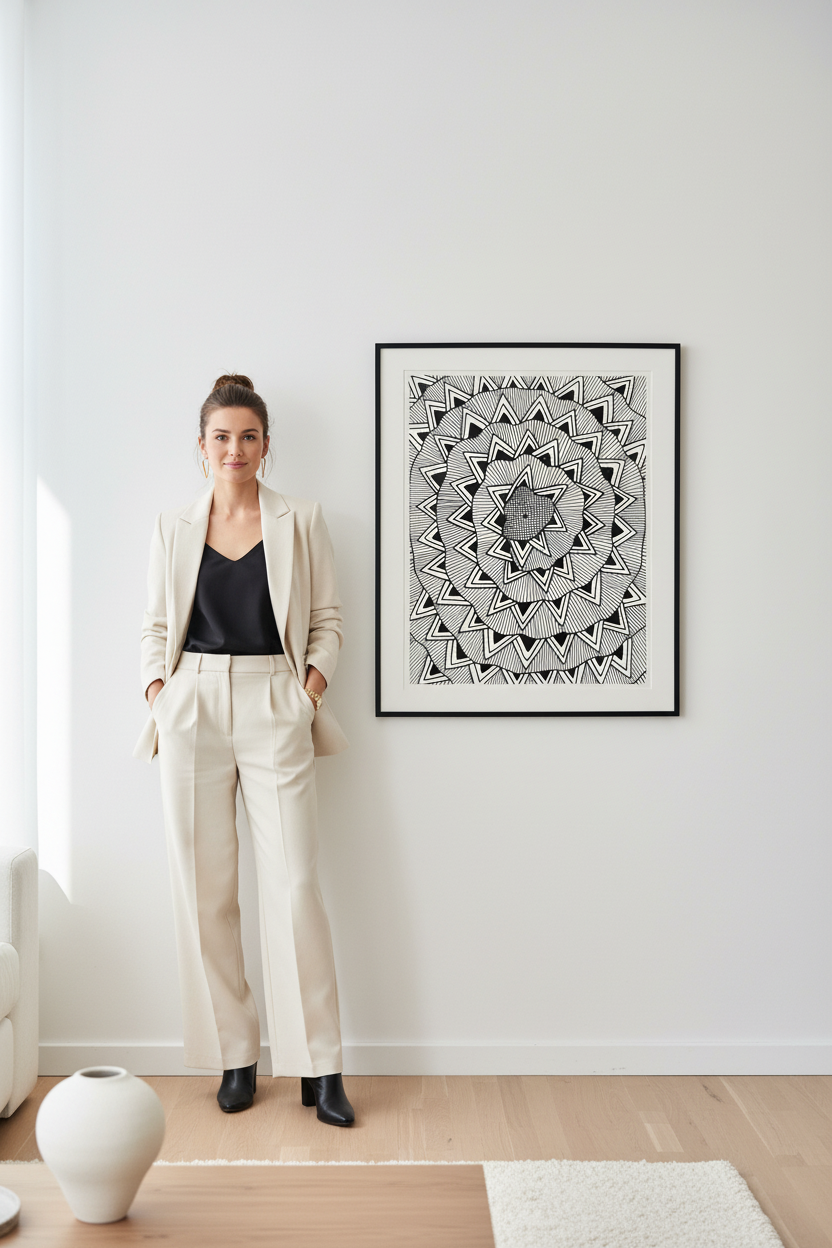 Rotating star mandala zentangle art print digital download wall mockup with model, black and white geometric printable wall decor