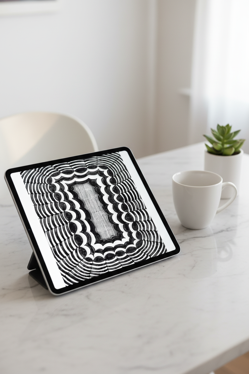 Scallop wave zentangle art print digital download preview on iPad screen, black and white geometric printable wall decor