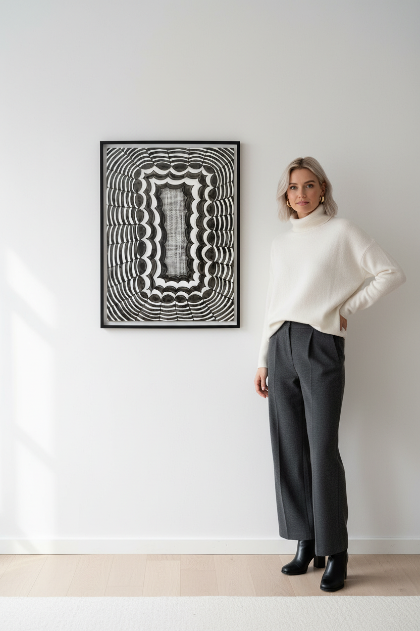 Scallop wave zentangle art print digital download wall mockup with model, black and white geometric printable wall decor