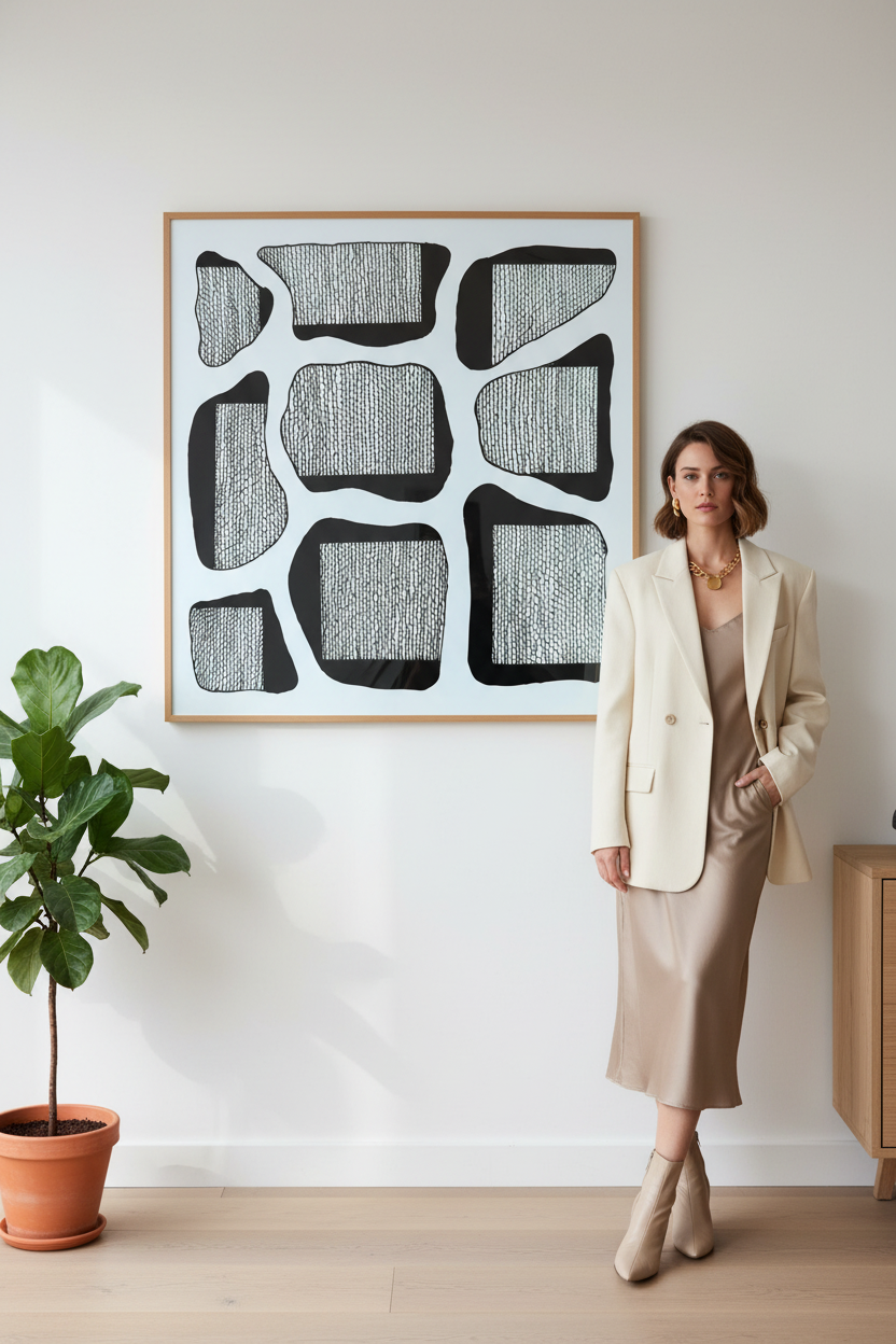 Textured stones abstract art print digital download wall mockup with model, blue background minimalist pebble pattern printable wall decor