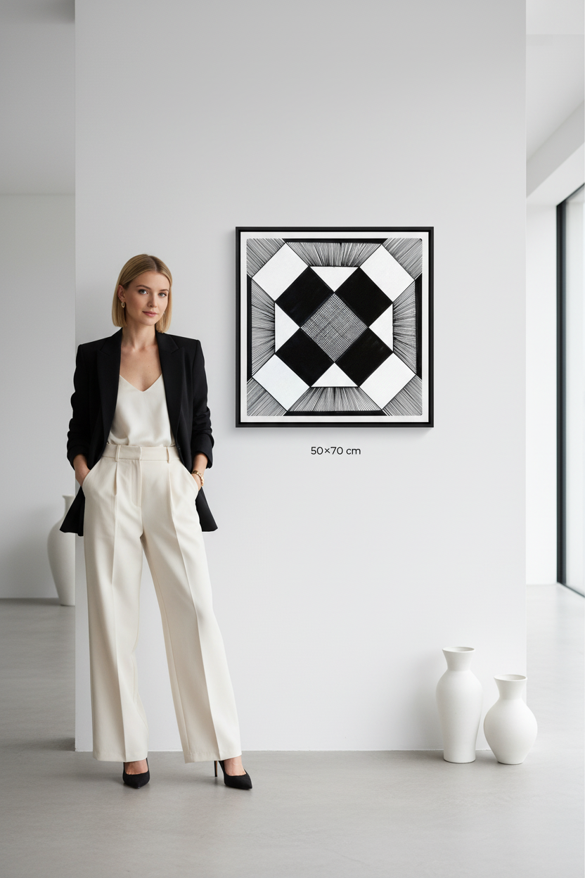 Thin canvas print black and white geometric string art mockup 50x70 cm size reference with model, diamond pattern wall art