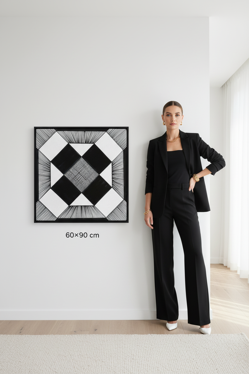 Thin canvas print black and white geometric string art mockup 60x90 cm size reference with model, diamond pattern wall art