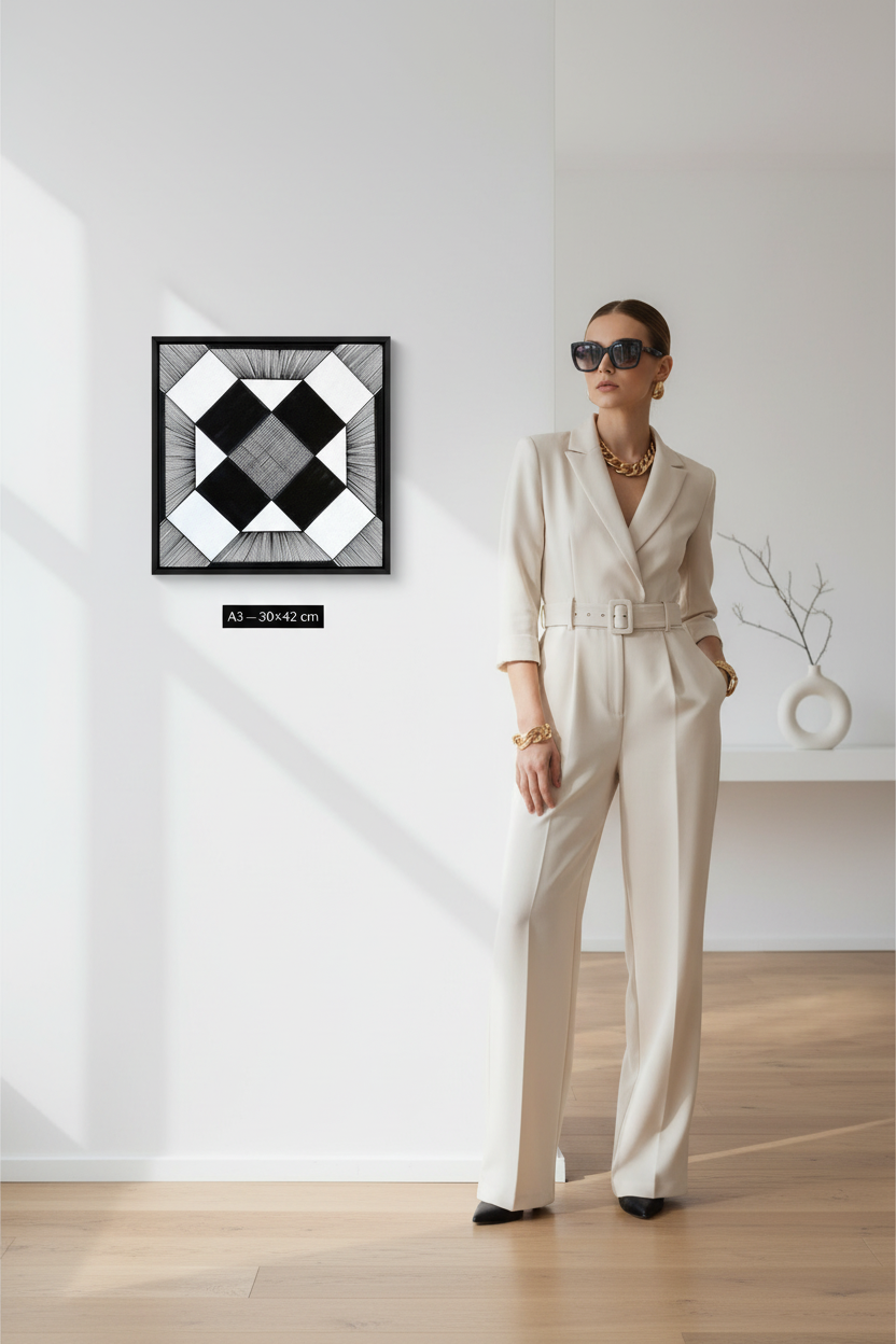 Thin canvas print black and white geometric string art mockup A3 30x42 cm size reference with model, diamond pattern wall art