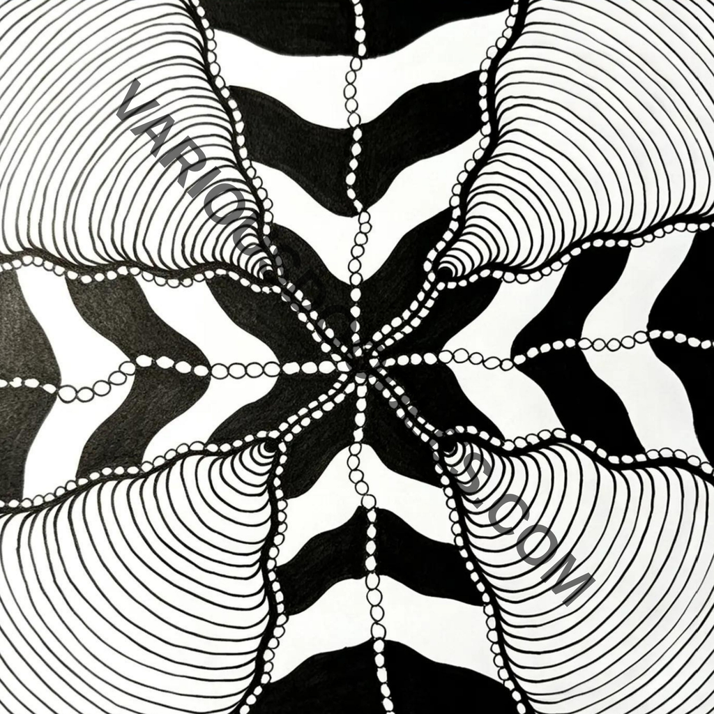 Wave zentangle mandala art print, original hand-drawn black and white geometric pattern, printable wall art