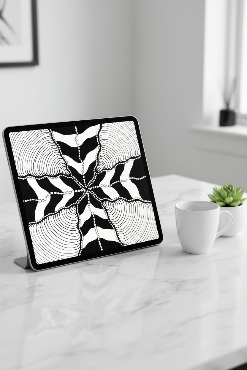 Wave zentangle mandala art print digital download preview on iPad screen, black and white geometric optical illusion printable wall decor