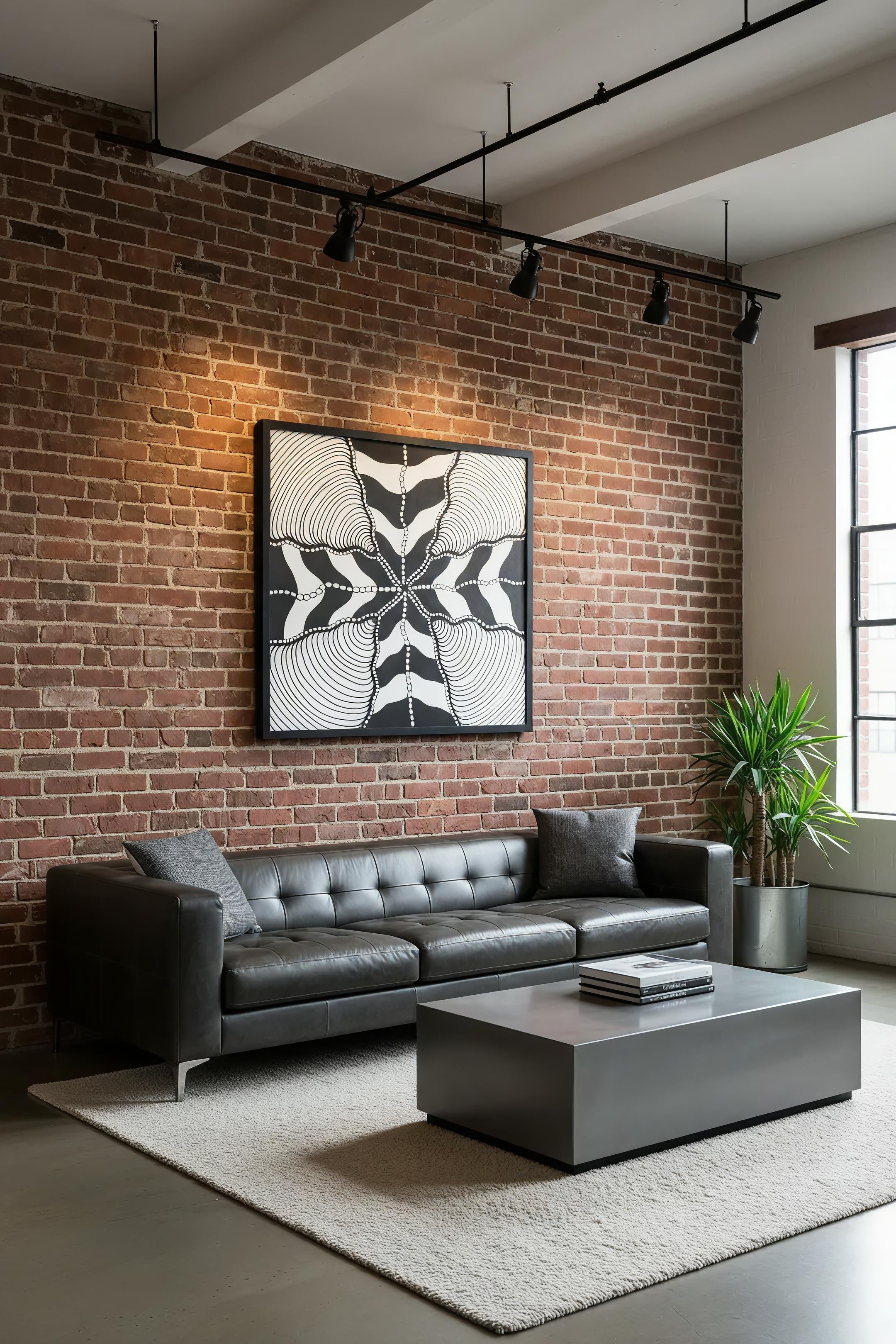 Wave zentangle mandala art print in black frame on brick wall, industrial loft living room wall decor