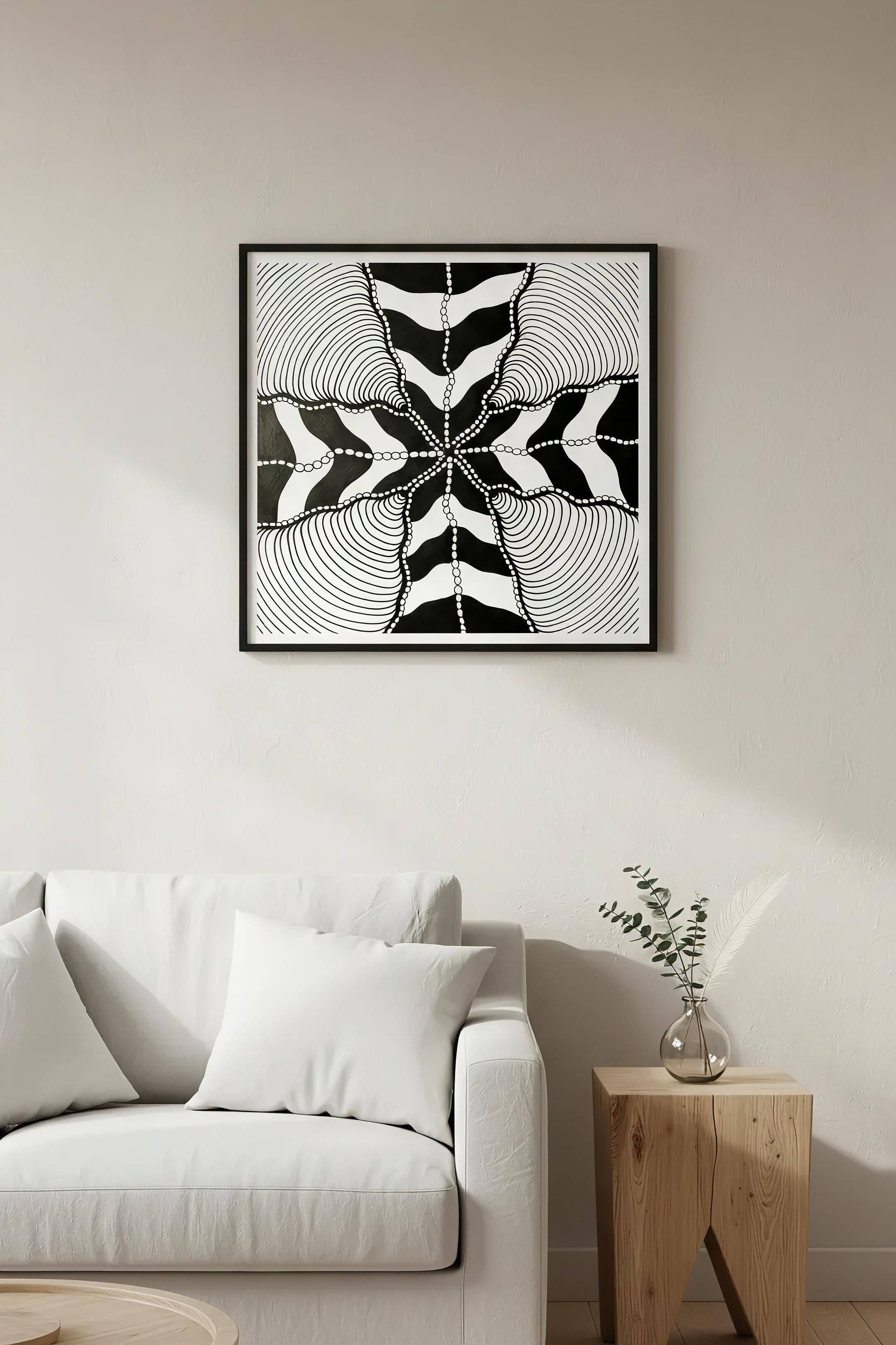 Wave zentangle mandala art print in black frame on beige wall, Scandinavian minimalist living room printable poster