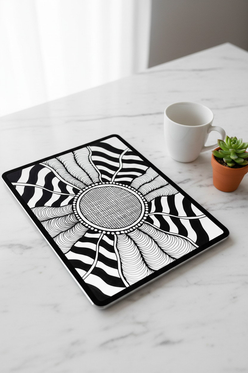 Zentangle mandala wall art print digital download preview on iPad screen, black and white geometric circle pattern printable wall decor