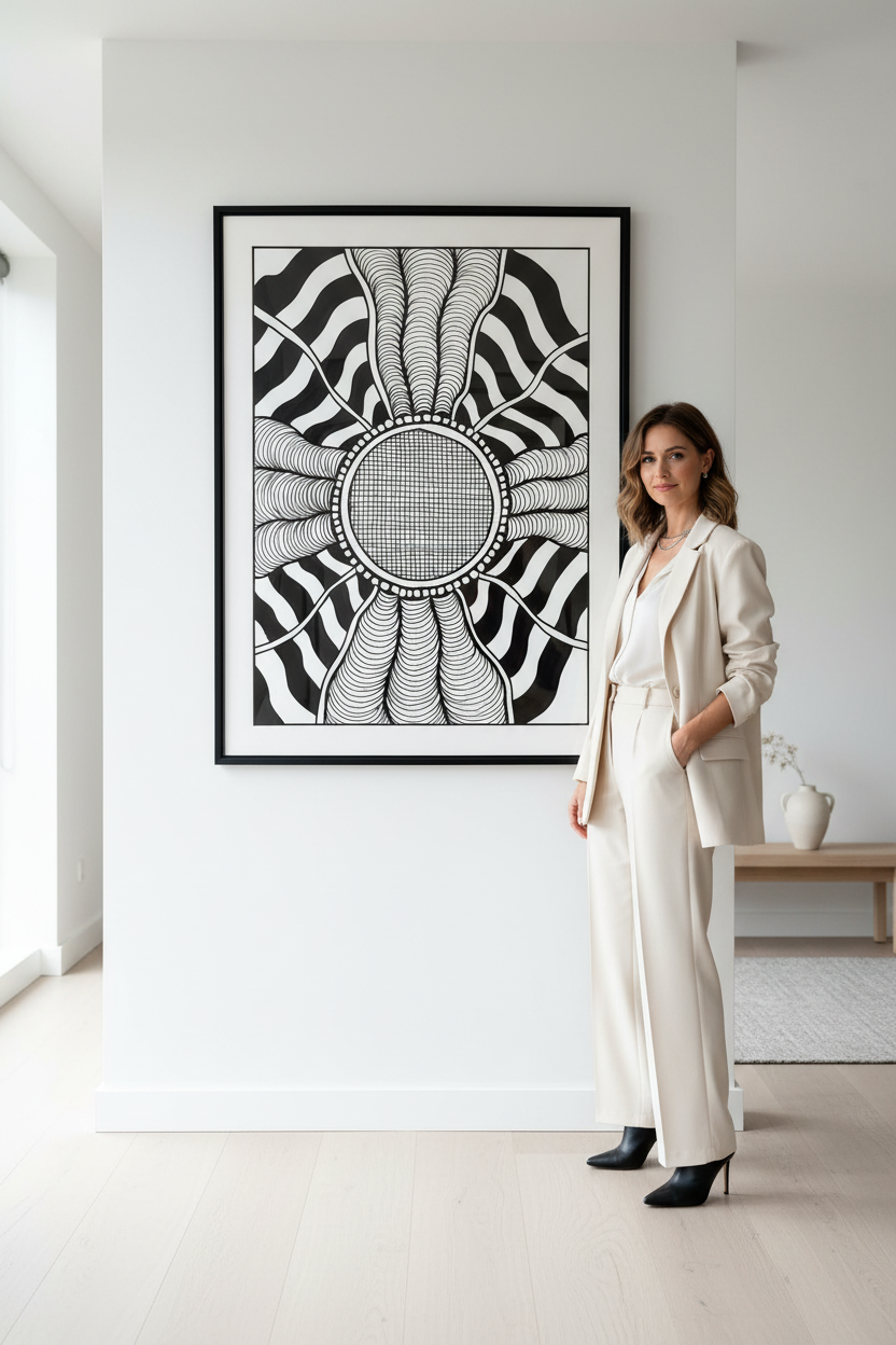 Zentangle mandala wall art print digital download wall mockup with model, black and white geometric circle pattern printable wall decor