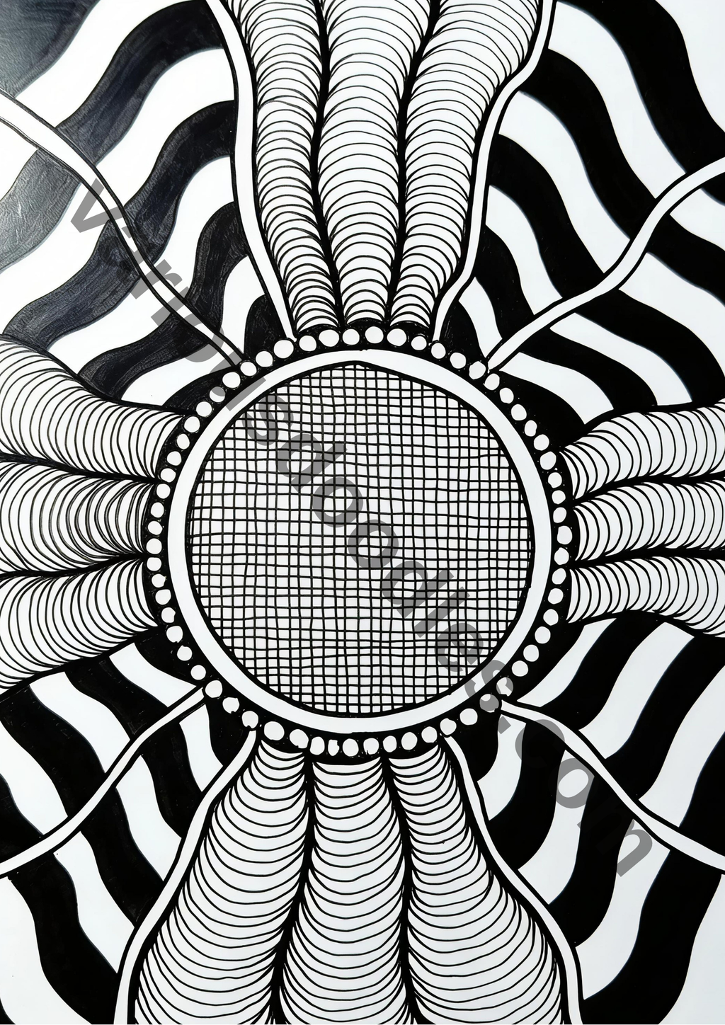 Black and white Zentangle mandala wall art print with geometric circular pattern and wave lines