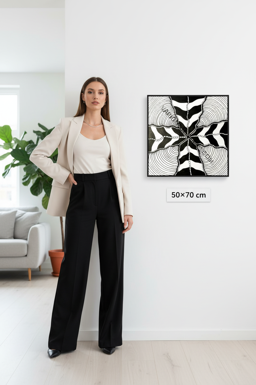 Zentangle star canvas print mockup 50x70 cm size reference with model, black and white wave mandala geometric wall art