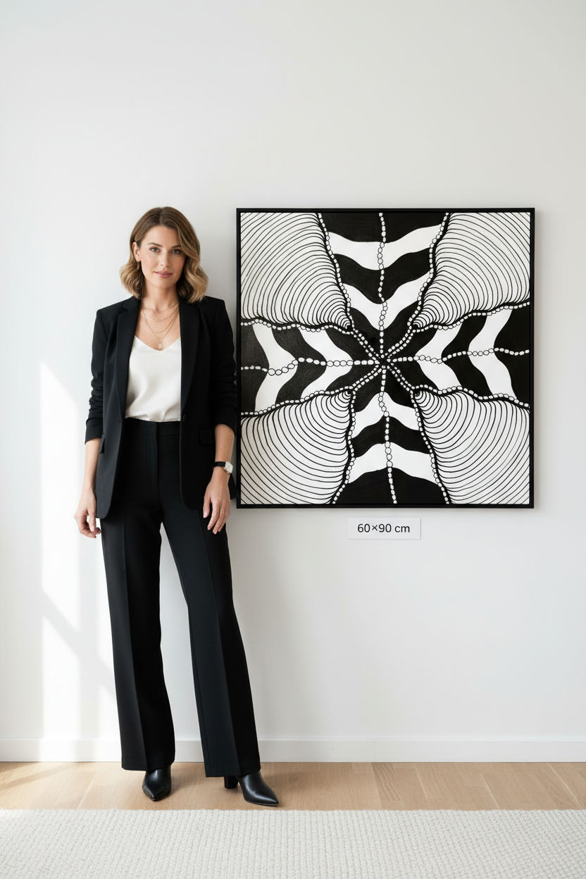 Zentangle star canvas print mockup 60x90 cm size reference with model, black and white wave mandala geometric wall art