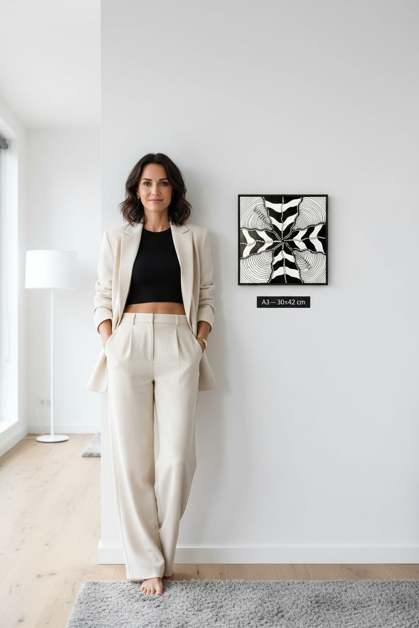 Zentangle star canvas print mockup A3 30x42 cm size reference with model, black and white wave mandala geometric wall art